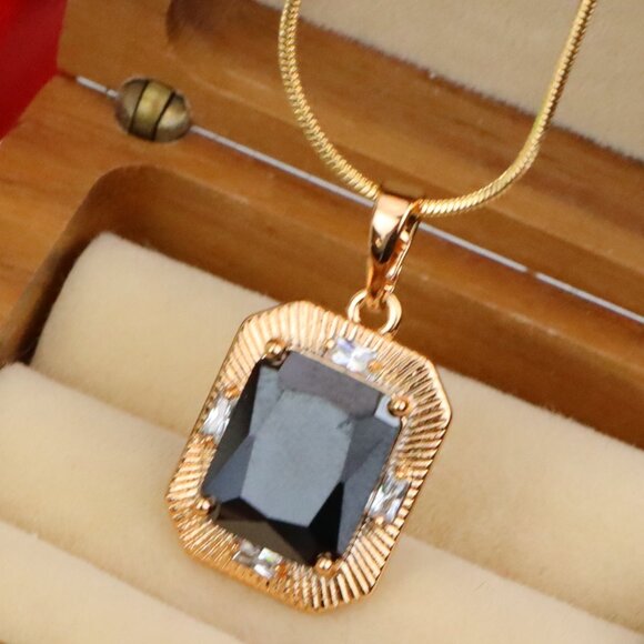 "Black Rectangular Pendant with Gold Textured Frame and Accents, XPPT1785 - Picture 1 of 13